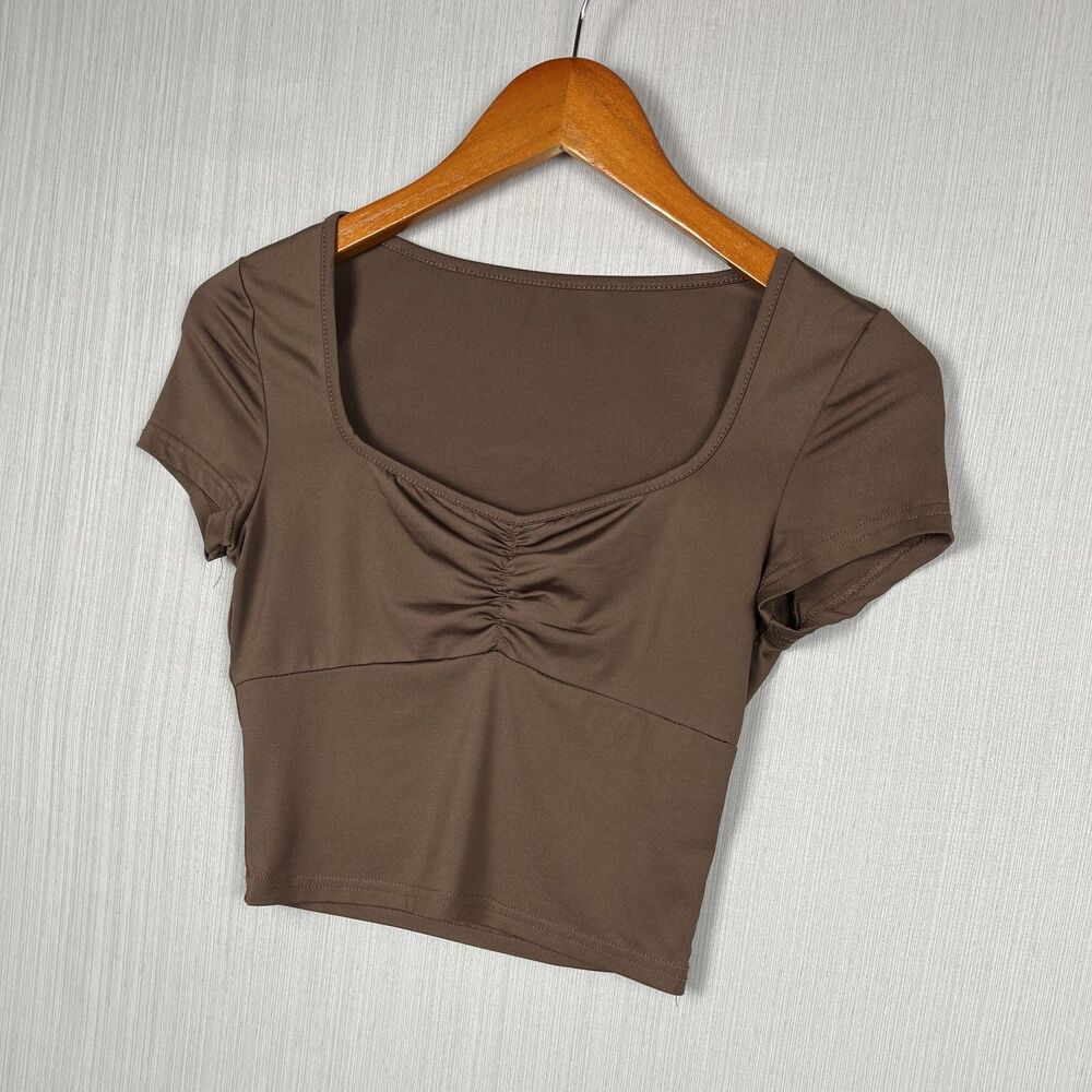 Y2K Babydoll Scoop Crop Brown Ruched Womens XS‎ Tee Coquette Festival